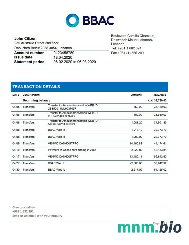 Liban BBAC wyciąg bankowy łatwy do wypełnienia szablonu .xls i .format pliku pdf
